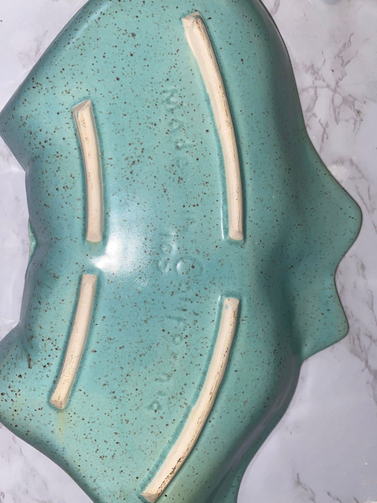 California Pottery Leaf Shaped Dish Turquoise Made in California #105 POWDER BLUE ATOMIC