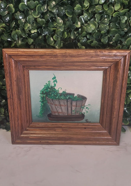 Vintage cottage core mini signed painting ivy - greenery in bucket - farmhouse