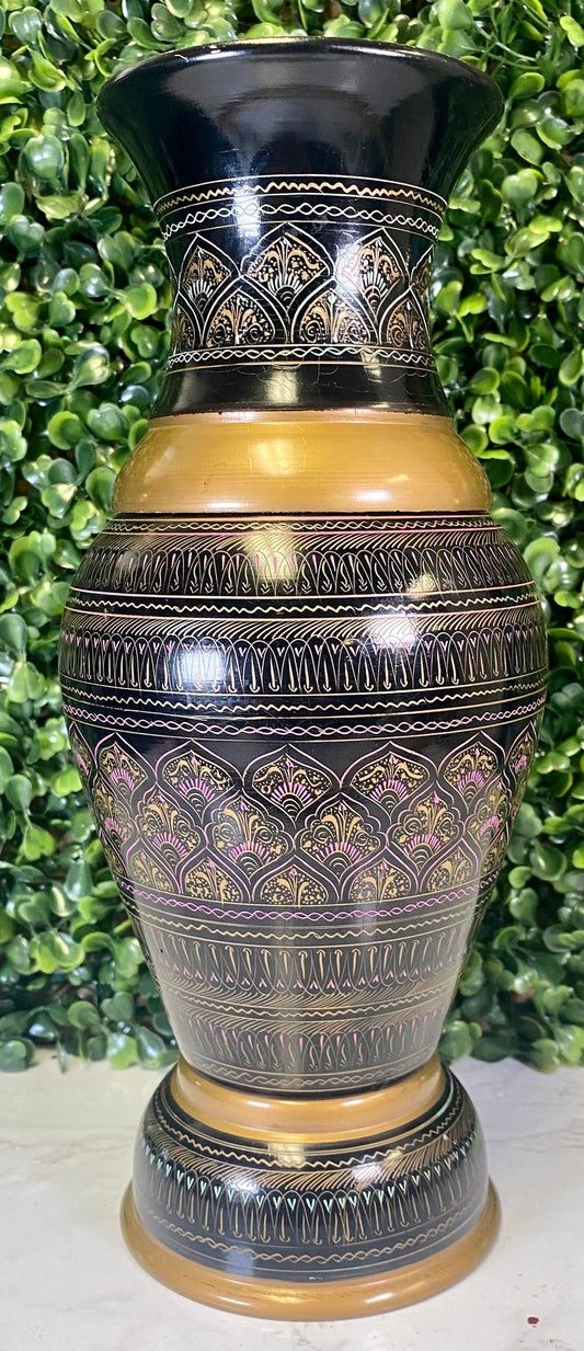 Bohemain handmade painted wood vase - pink - gold