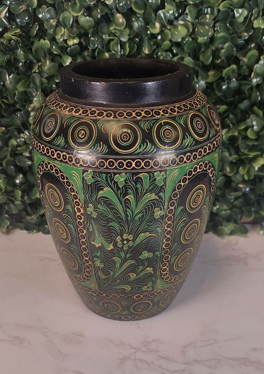 Vintage Bohemain handmade painted wood GREEN & BLACK