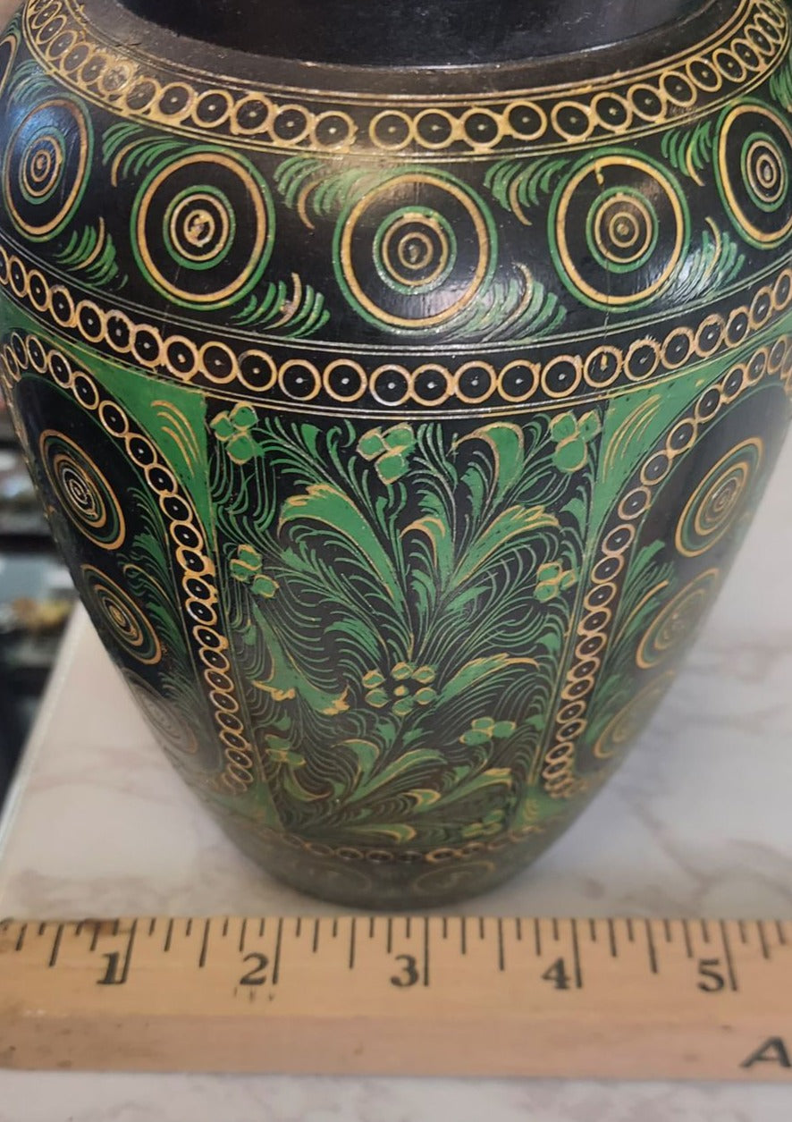 Vintage Bohemain handmade painted wood GREEN & BLACK