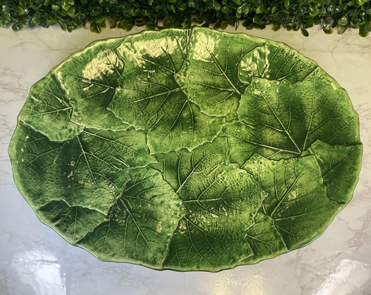 Green Ceramic Italian Leaf Motif Oval Platter, Ceramiche Leonardo