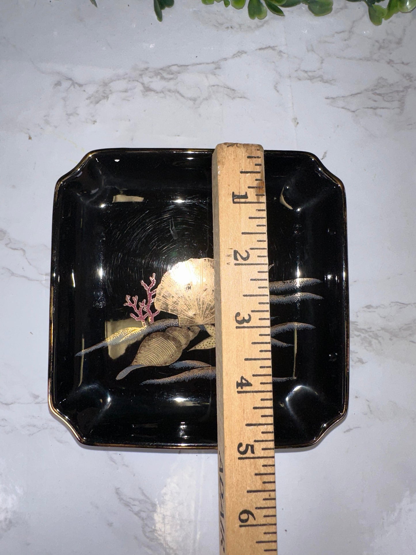 Vintage Japanese Otagiri Painted Ashtray Plate/ Ring Dish/ Trinket Dish/ Black Porcelain and 24k Gold seasahell