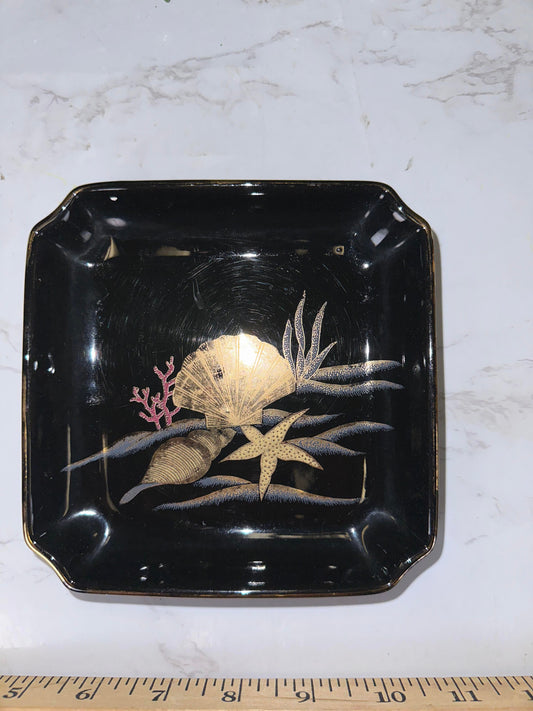 Vintage Japanese Otagiri Painted Ashtray Plate/ Ring Dish/ Trinket Dish/ Black Porcelain and 24k Gold seasahell